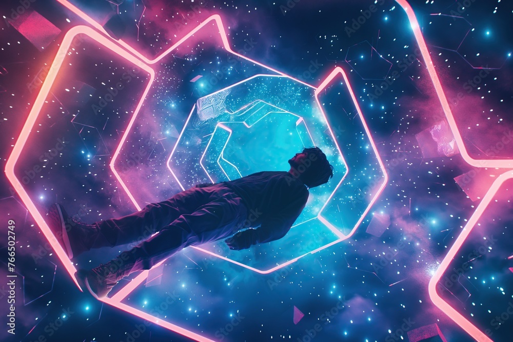 Wall mural a person levitating within hexagonal neon structures in a sci-fi setting
