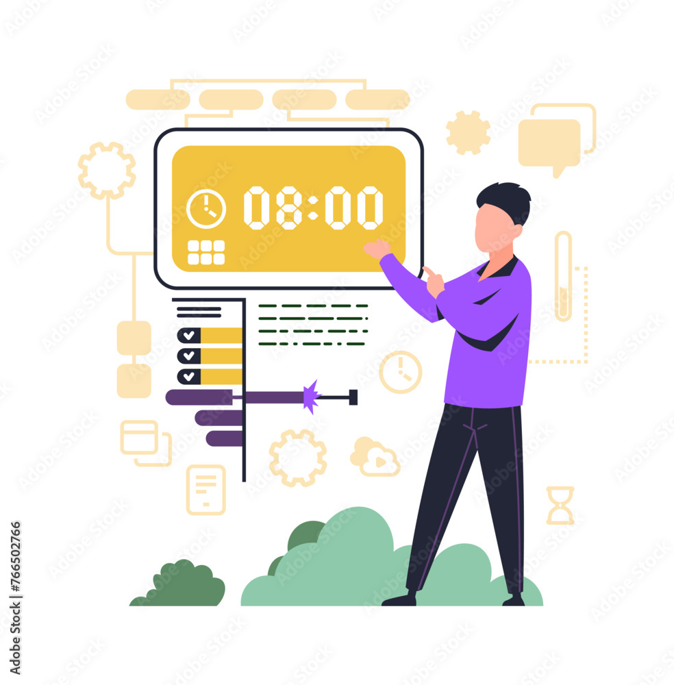 Poster time management control. effective agenda schedule. people organize productive workflow. deadline an
