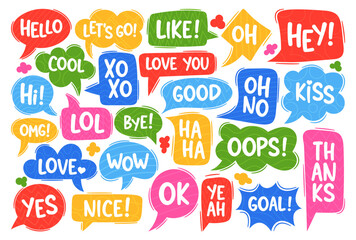 Dialog Speech Bubbles Vector Set. Hello, Lets Go, Like, Ho and Hey. Cool, Hi, Xo Xo and Love You. Good, Oh No, Kiss