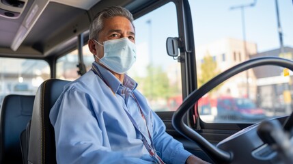 Hispanic bus driver wearing a facial mask