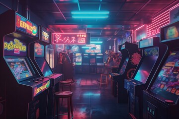 Neon-Lit Game Arcade with Vintage Gaming Machines