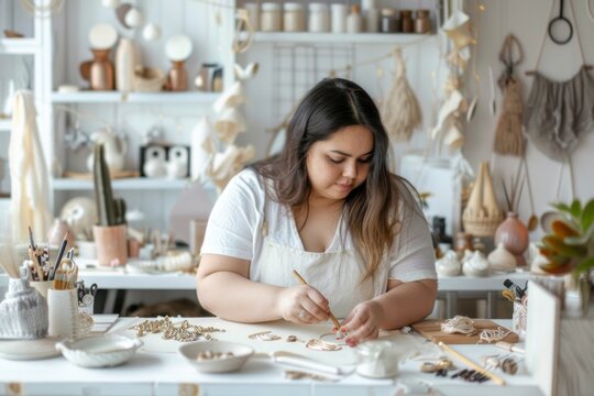 A focused plus-size Caucasian young woman is crafting handmade jewelry in a workshop. This image suits topics on handmade art, jewelry making, and small business crafting.