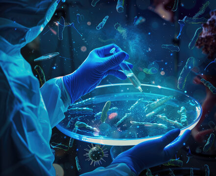 a surgeon examines an plate of bacteria and viruses on blue background stock, in the style of motion blur panorama, psychedelic surrealism, photo, photorealistic hyperbole