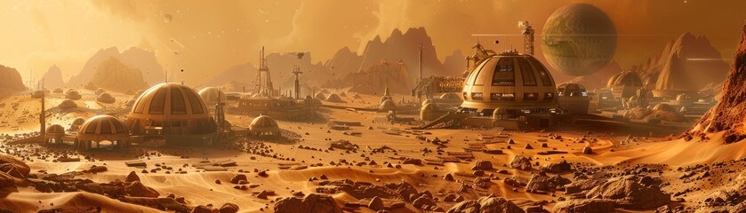 An artist s rendition of a Martian colony, complete with domed habitats and terraforming machines, in 3D illustration style - obrazy, fototapety, plakaty