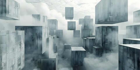 D Urban Panorama: Modern Concrete Architecture with Geometric Ledges and Falling Elements in a Foggy Sky. Concept Urban Architecture, Concrete Structures, Geometric Designs, Foggy Sky