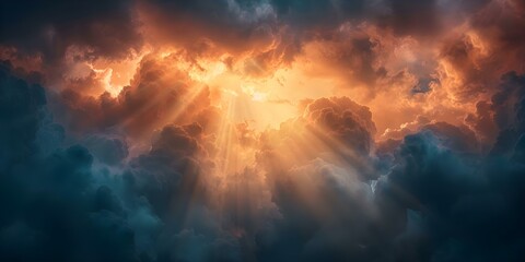 Fototapeta na wymiar Capturing the Spiritual Power of Sun Rays Breaking Through Dark Clouds. Concept Spiritual Experiences, Natural Phenomena, Light vs Darkness, Hopeful Moments