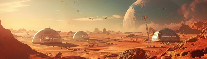 An artist s rendition of a Martian colony, complete with domed habitats and terraforming machines, in 3D illustration style  - obrazy, fototapety, plakaty