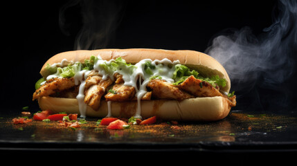 A sandwich with chicken and lettuce is sitting on a table with steam coming from it. The steam gives the sandwich a warm and inviting appearance - obrazy, fototapety, plakaty