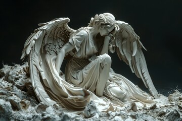 Beautiful fallen angel with big wings - obrazy, fototapety, plakaty