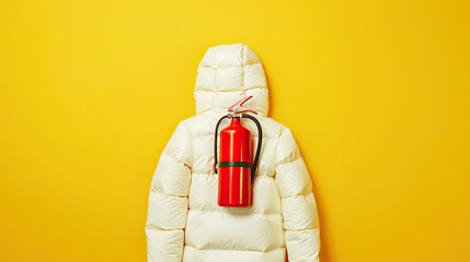 A white puffer jacket shaped like a fire extinguisher, in the style of product photography, on a yellow background, at high resolution - obrazy, fototapety, plakaty