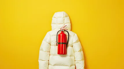 Tuinposter A white puffer jacket shaped like a fire extinguisher, in the style of product photography, on a yellow background, at high resolution © Sattawat