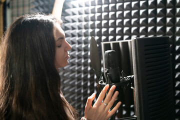 Young Female Artist Recording a New Song in a Soundproof Music Studio - 766503320
