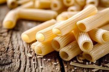 Close-up of uncooked pasta on wooden table
