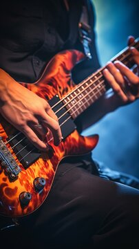 Close up of an unrecognizable person playing an electric bass guitar with orange body and black fretboard