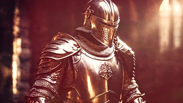 Medieval knight in shiny armor in castle interior, generative ai