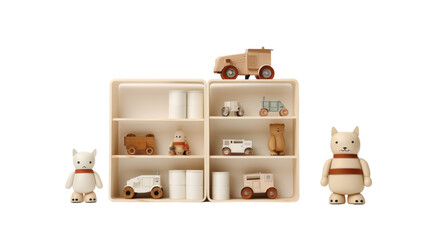 A toy truck and a toy car are parked side by side on a shelf