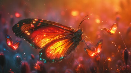A radiant orange butterfly alights amidst a dreamlike field, its wings aglow with luminous patterns under the mystical twilight. - obrazy, fototapety, plakaty