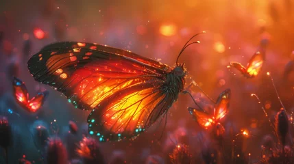 Fotobehang A radiant orange butterfly alights amidst a dreamlike field, its wings aglow with luminous patterns under the mystical twilight. © Zhanna