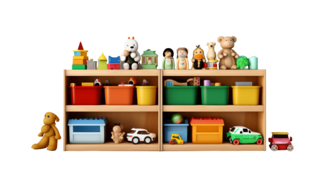 A wooden shelf brimming with a colorful assortment of toys - Powered by Adobe