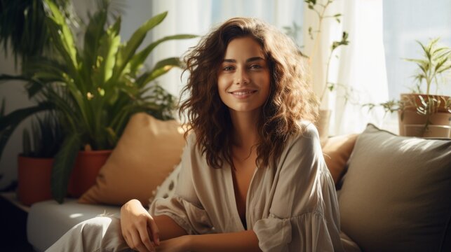 Portrait of a beautiful young woman with curly hair sitting on a couch and smiling