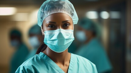 Fototapeta na wymiar Portrait of a confident female surgeon wearing a surgical mask and cap