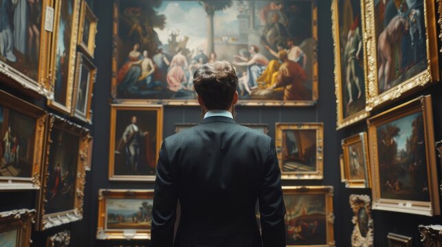 A medium shot of a wealthy art collector admiring a prized masterpiece in their private gallery,  surrounded by priceless works of art