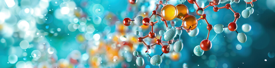 A vivid graphical representation of a molecular structure with translucent and opaque spheres connected by rods, set against a sparkling bokeh backdrop - obrazy, fototapety, plakaty