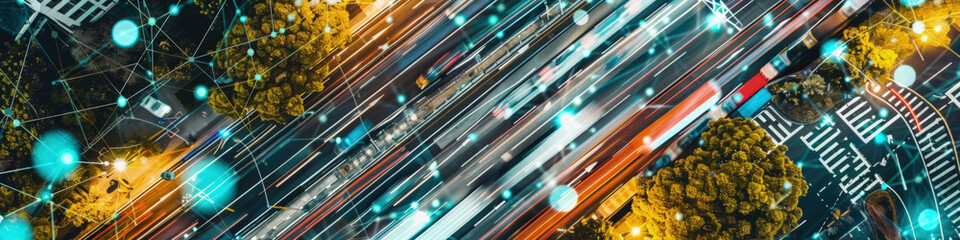 An overhead view captures the dynamic flow of cars along illuminated city streets after dusk, with lights tracing their paths - obrazy, fototapety, plakaty