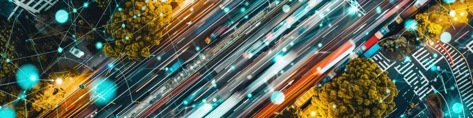 Foto op Plexiglas An overhead view captures the dynamic flow of cars along illuminated city streets after dusk, with lights tracing their paths © sommersby