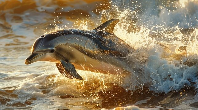 The sleek and streamlined form of a dolphin as it leaps from the waves, catching the sunlight in a dazzling display of grace and agility, a symbol of freedom and joy in the ocean.
