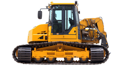 A yellow bulldozer stands out against a stark white backdrop