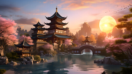 Magical Sunset Over the Ancient Asian Pagoda: A Fusion of Architecture and Nature's Splendor