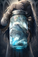 A water bearer holding a, Aqua Jar with majestic animals inside - obrazy, fototapety, plakaty