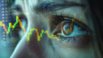 A woman's eye is reflected in a screen displaying a graph. The eye is surrounded by a blurry,...