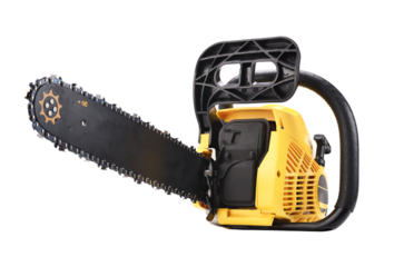New chainsaw on a white background. Chainsaw.