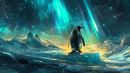 A penguin on an ice comet - obrazy, fototapety, plakaty