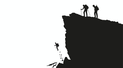 Silhouette male hikers climbing up mountain cliff 