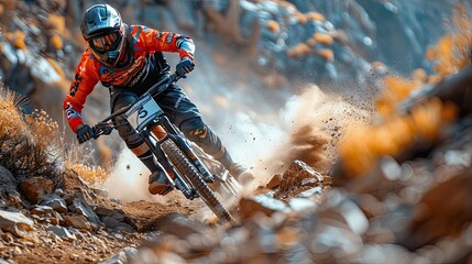 Cyclist conquers challenging mountain trail. Generative AI - obrazy, fototapety, plakaty