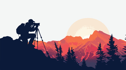 Silhouette of photographer with his camera on sunrise - obrazy, fototapety, plakaty