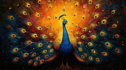 The vibrant colors of a peacock's feathers, unfurled in a dazzling display of iridescence, each delicate plume a testament to nature's beauty and creativity. - obrazy, fototapety, plakaty