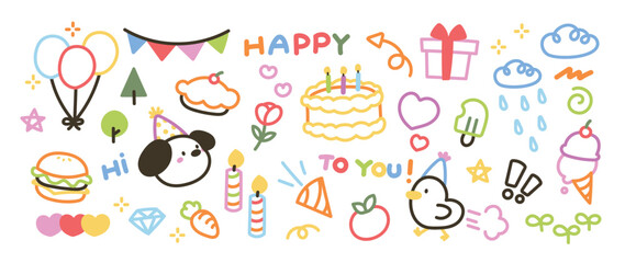 Cute hand drawn Happy birthday doodle vector set. Colorful collection of dog, chick, cake, balloon, flower, candle, decorative flag. Adorable creative design element for decoration, prints, ads. - obrazy, fototapety, plakaty