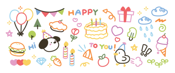 Tapeten Cute hand drawn Happy birthday doodle vector set. Colorful collection of dog, chick, cake, balloon, flower, candle, decorative flag. Adorable creative design element for decoration, prints, ads. © TWINS DESIGN STUDIO