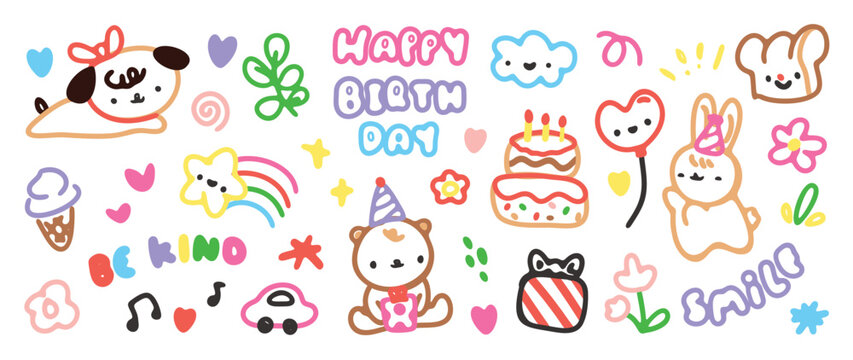 Cute hand drawn Happy birthday doodle vector set. Colorful collection of dog, bear, rabbit, cake, bread, car, balloon, ice cream. Adorable creative design element for decoration, prints, ads.