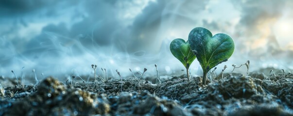  Heart-shaped green saplings sprouting on barren land, digital art symbolizing revival and hope in climate recovery - obrazy, fototapety, plakaty