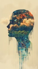  Illustration of a digital cloud raining code on a human head, symbolizing AI knowledge absorption, against a solid color