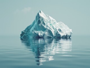  Minimalist representation of a plastic iceberg floating in a futuristic ocean, against a solid color, signaling hidden dangers