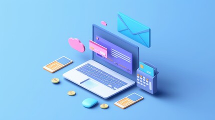 Isometric illustration of online payment elements with a laptop, credit card graphics, email, and calculator on a blue background.