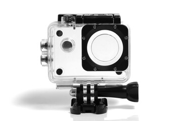 Waterproof case for an action camera. On a white background.
