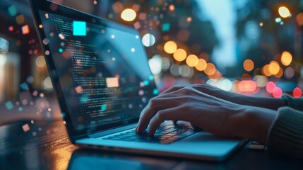 Close-up of hands typing on a laptop keyboard with screen showing code, set against the bokeh of city lights in the evening.