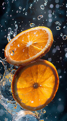 A juicy orange slice splashes in clear water, releasing its refreshing citrus flavor